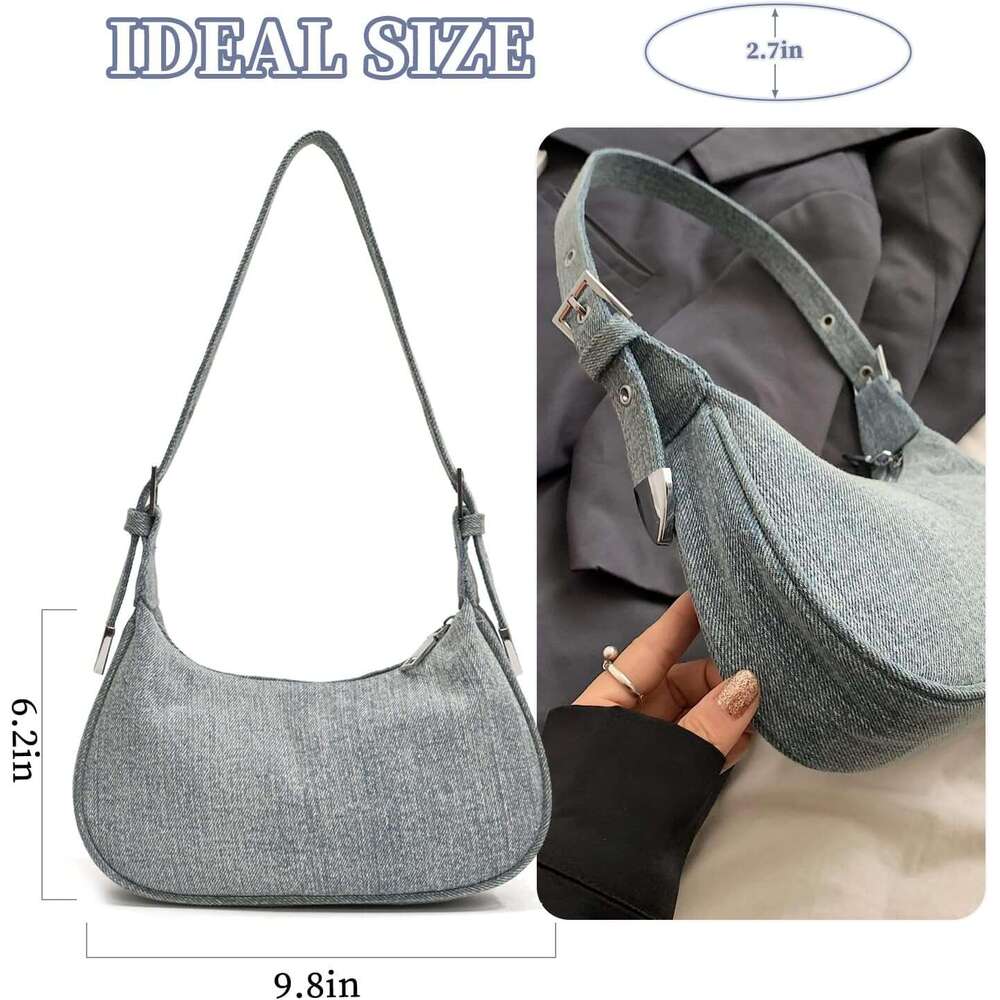 Small Denim Purse, Crescent Bag, Shoulder Bag for Women, Vintage Casual Handbag with Adjustable Strap