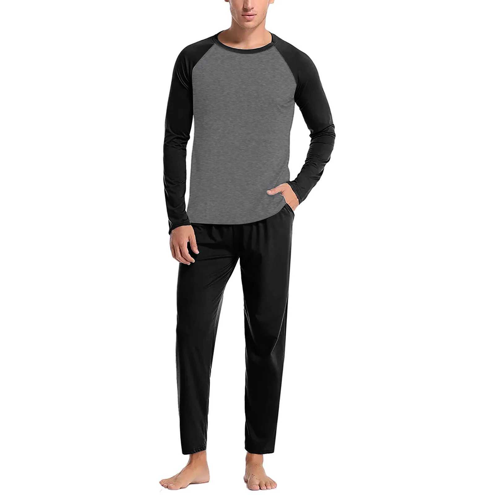 Autumn Winter Men Pajama 2 Piece Set Contrast Color Long Sleeve T Shirt And Solid Pants Set Sleepwear Mens Home ClothesXJ241227