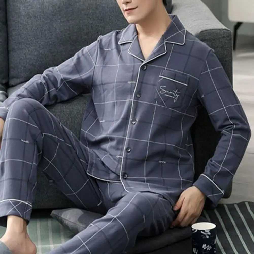 Plaid Print Pajamas Set Men Pajama Set Mens Plaid Print Pajama Set with Long Sleeve Shirt Elastic Waist Pants Casual for SpringXJ241227