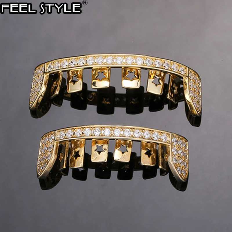 Feel Style Teeth Grillz Set For Unisex Cubic Zirconia Stone Top Bottom Teeth Grills Box Packing Hip Hop Jewelry For Men Women W241227