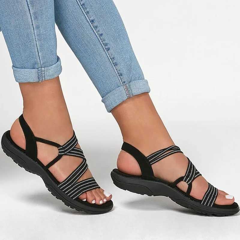 High Quality Sandals Women Summer Comfort Soft Sole Flat Beach Shoes elastic fabric Casual Wedges Sandals Womens Closed Toe Sandal T241227