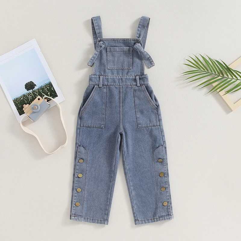 FOCUSNORM 3-7Y Preschool Girls Denim Top Pants Sleeveless Front Pocket Jeans jumpsuit W241227