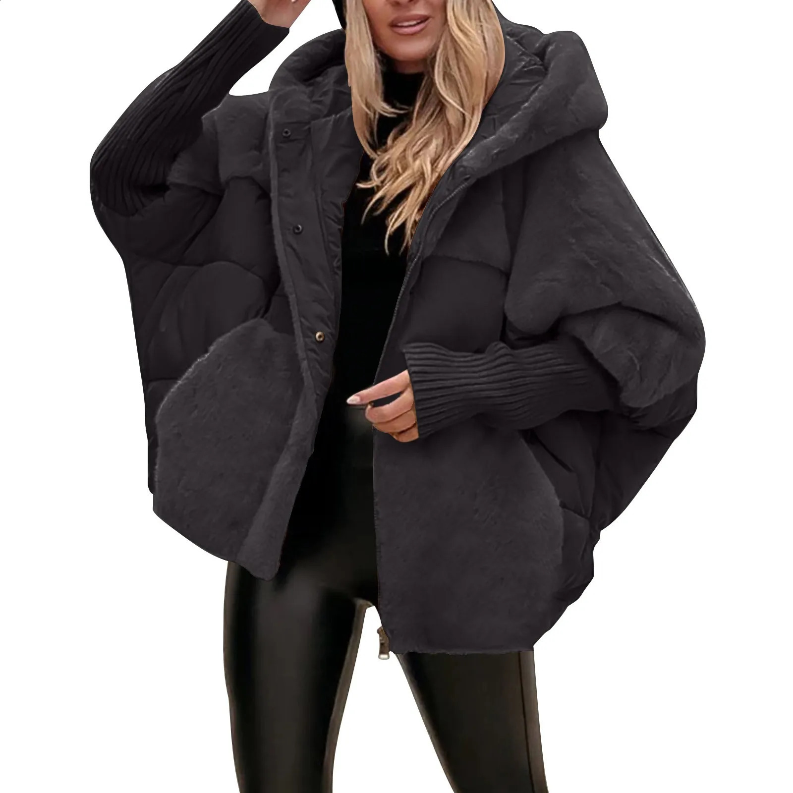 Womens Loose Cotton Coat Faux Fur Patchwork Winter Comfort Chic Long Sleeve Hooded Jacket Female Outwear Overcoat 241223