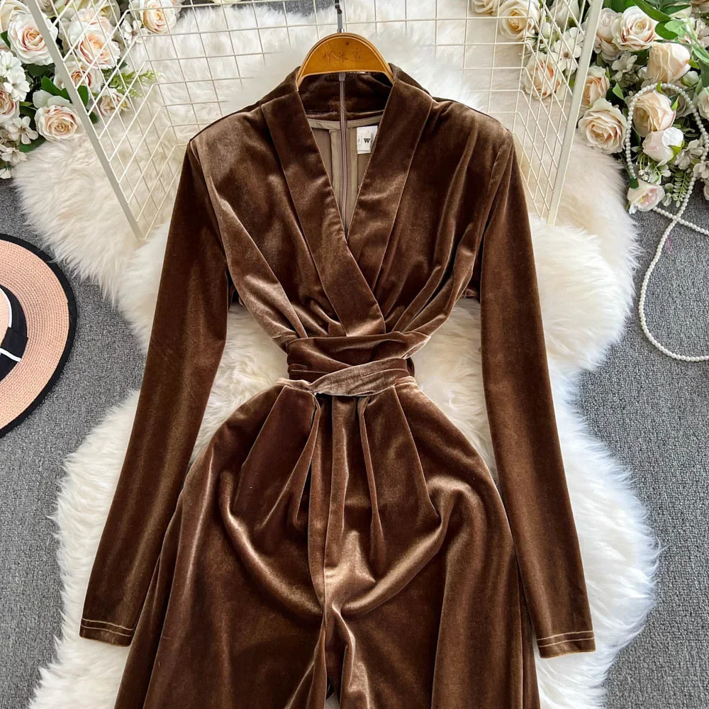 Vintage V-neck Long Sleeve Slim Bandage Top High Street High Waist Wide Leg Pants Jumpsuit Autumn Winter Women Velvet Clothing 241224