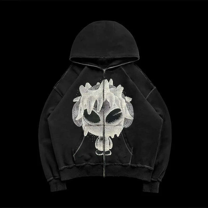 Male female street printed hooded cardigan with zipper loose fit sweatshirt pants Y2K autumn and winter