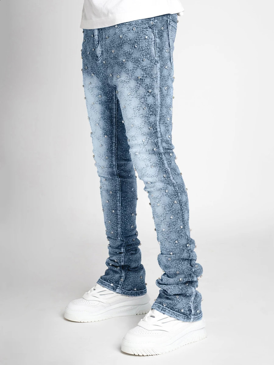 Fashion Mens Spring Summer Skinny Jeans Rhinestone Streetwear Denim Pants with Pockets 241225