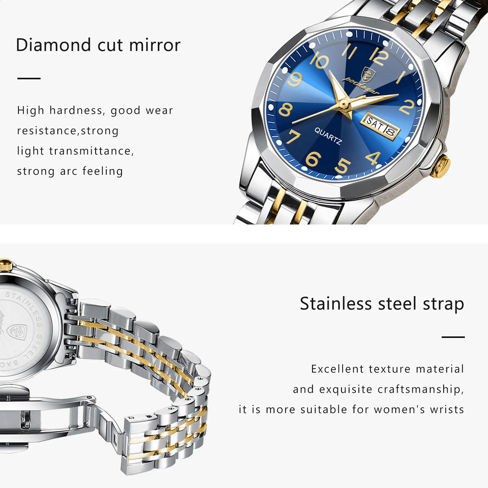 POEDAGAR Fashion Ladies Watch Waterproof Luminous Date Week for Woman High Quality Stainless Steel Womens Quartz Watches 241225