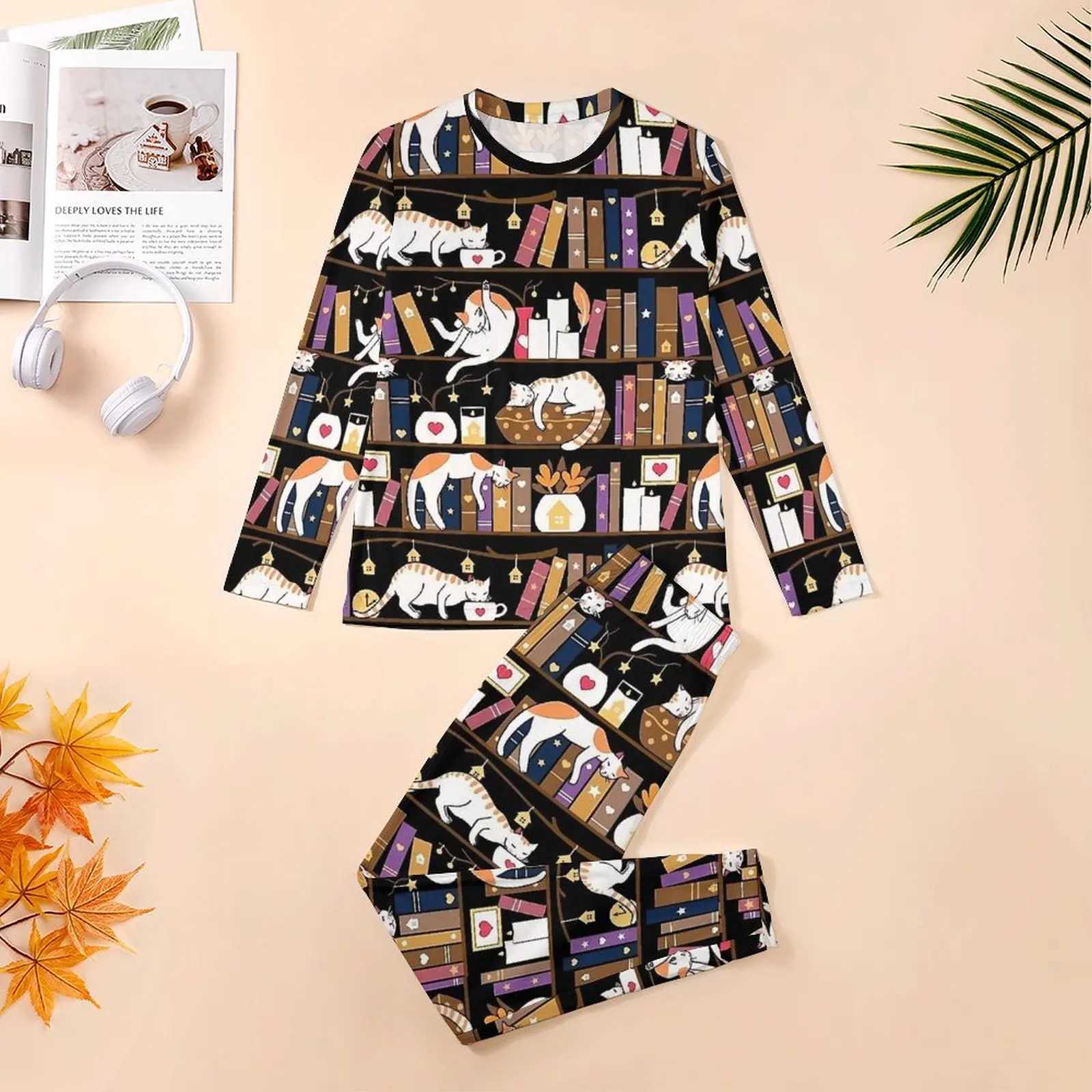 Cute Library Cat Pajamas Mens Lovely Nightwear Autumn Long-Sleeve 2 Pieces Casual Pattern Pajamas Set Big Size 4XL 5XLXJ241227