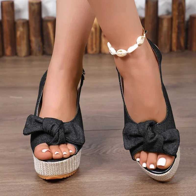 High Quality Fashion Bowknot Wedge Heel Sandals for Women Denim Peep Toe Chunky Platform Sandals Women Back Strap High Heel Gladiator Shoes T241227