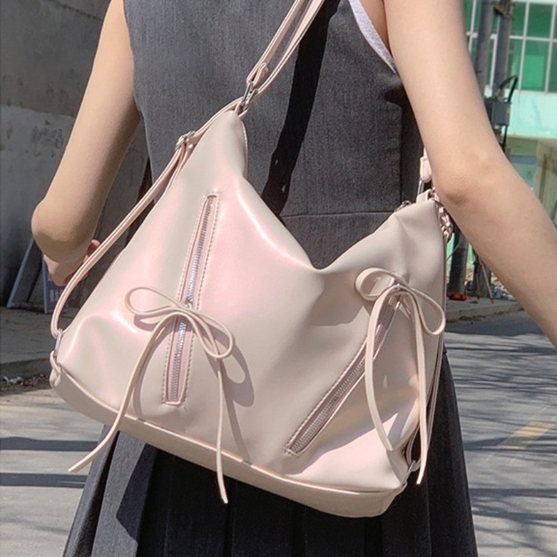 Shoulder Bags Cute Bow Underarm Bag PU Leather Designer Tote Solid Color Trendy Crossbody New With Zipper Satchel Purse For Women