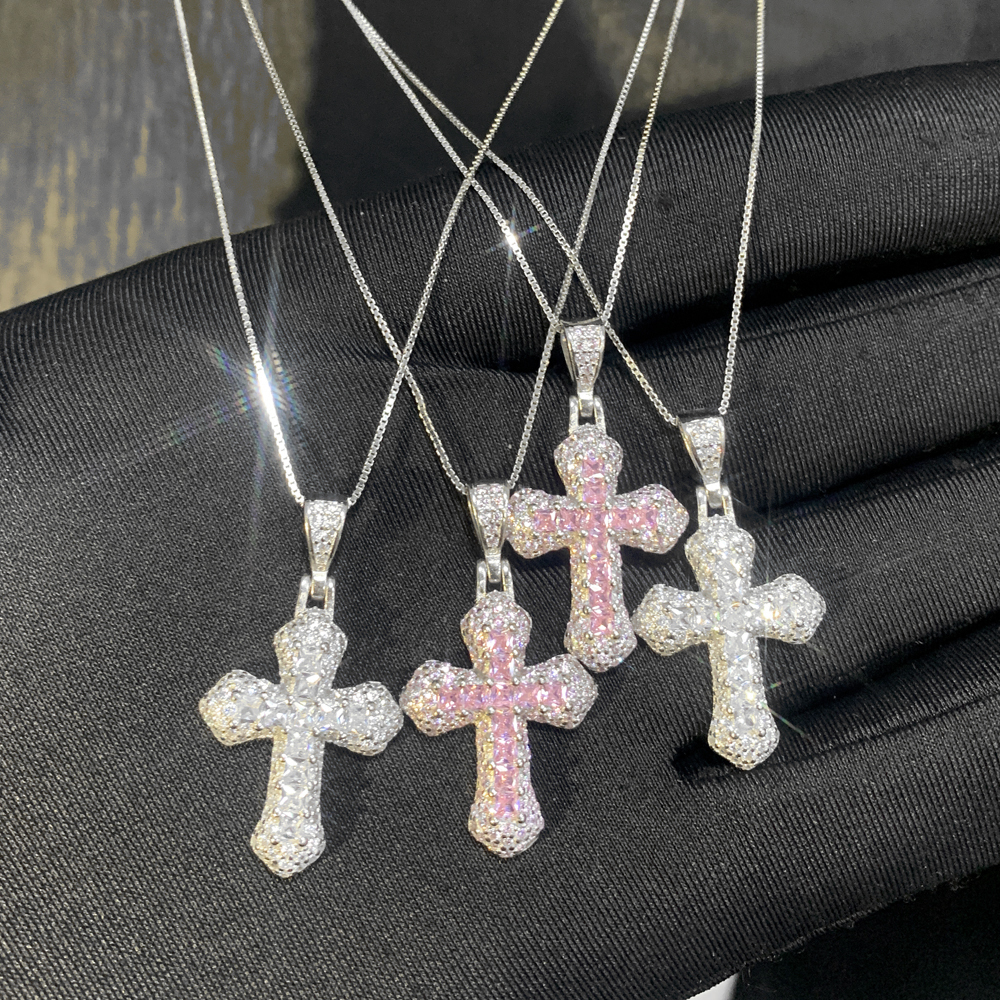 sdzstone Real 925 Sterling Silver Cross Pendant Micro Pave Bling Cz Pink White Cubic Zirconia Necklace for Women Classic Fashion