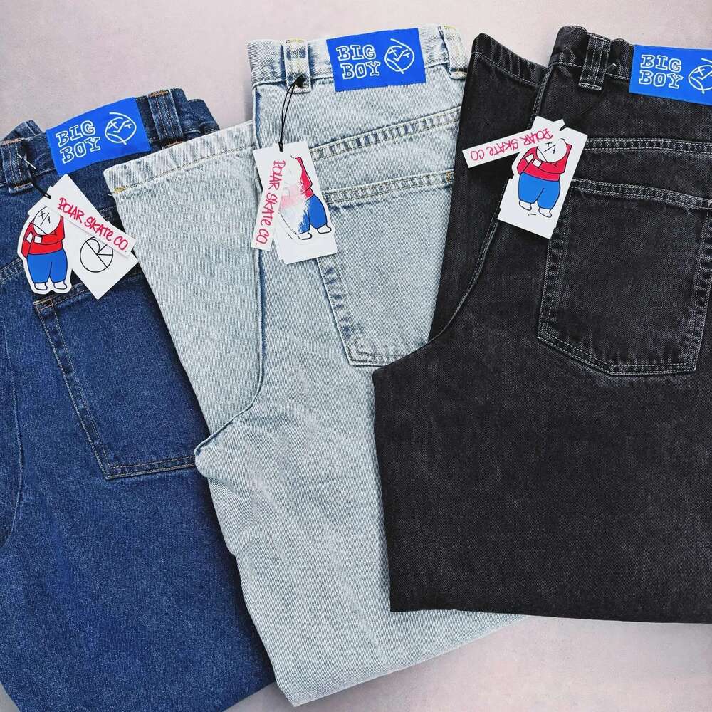 Y2K Haruku Polar Big Boy Pants Hip Hop Cartoon Embroidery Retro Blue Baggy Jeans Mens Womens High Waist Wide Leg Trouser