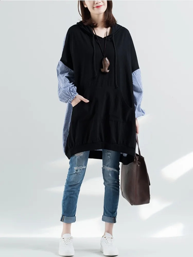 Oversized Striped Patchwork Hooded Women Casual Sweatshirt Loose Ladies Tops Fashion Autumn Woman Black Hoodies 241223