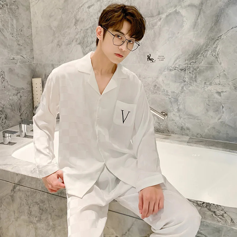 Lisacmvpnel Men Pajamas Spring And Autumn Ice Silk Long Sleeve Home Clothes Jacquard Large Size Casual Pyjamas 241227