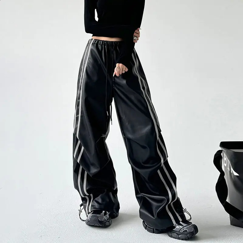 Y2K Fashion Black PU Leather Side Striped Casual Pant Retro Street Girls Loose Harajuku High Waist Straight Pants 241223