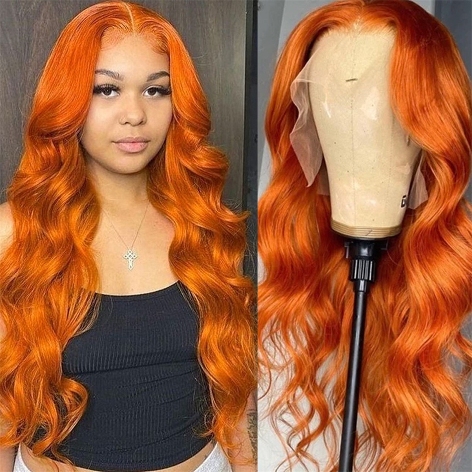 HD 13X6 Orange Ginger Front 100% 13X4 Body Wave Lace Frontal Pre Plucked Colored Human Hair Wig On Sale
