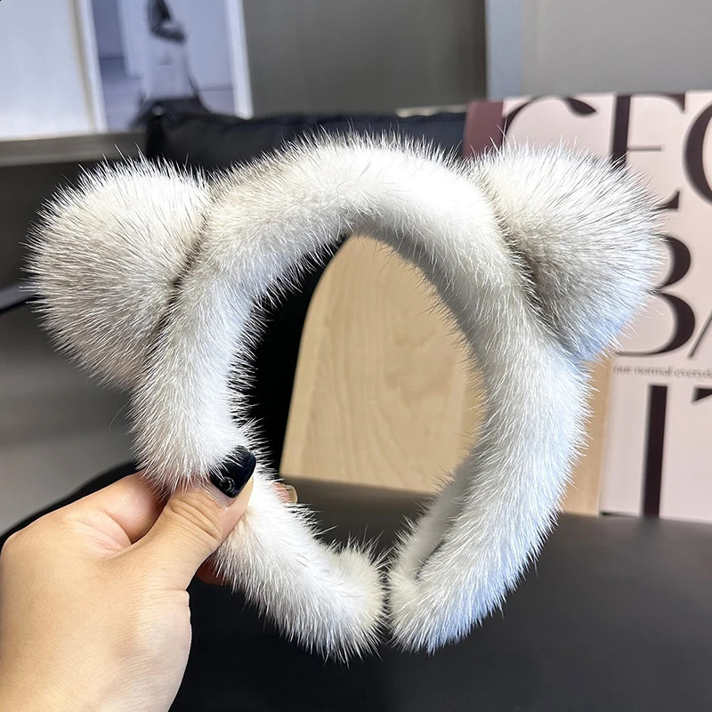Cute Real Mink Fur Cat Ears Headband For Women 100%Fur Plush Hair Accessories Solid Head Wraps Girlfriend Gift Winter 241227