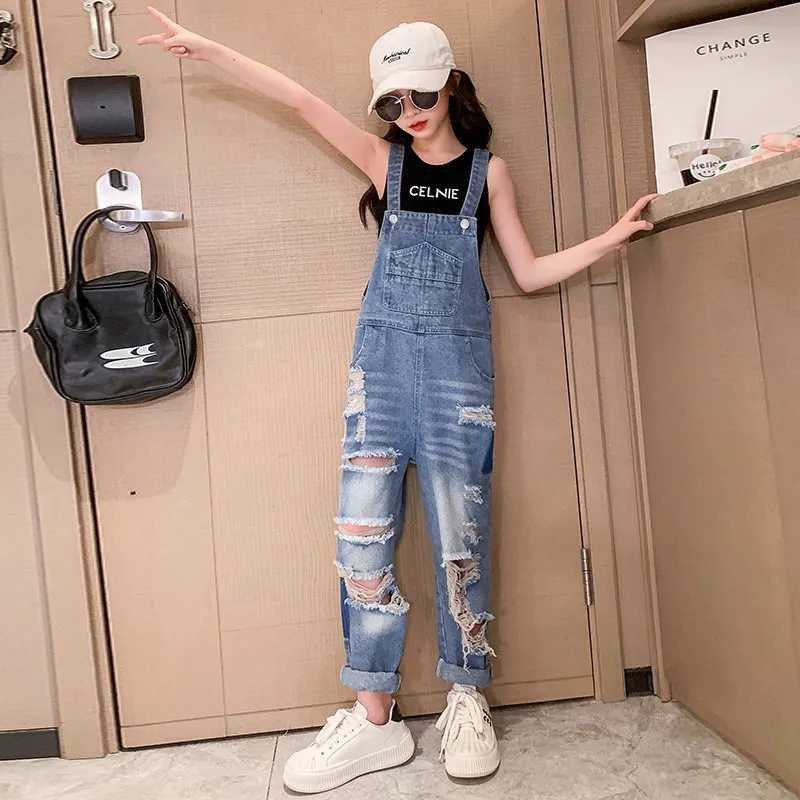 Cool hole girl jumpsuit summer fashion destination torn jeans covered childrens street clothing broken clothing 4 5 6 8 9 10 12 14 years old W241227