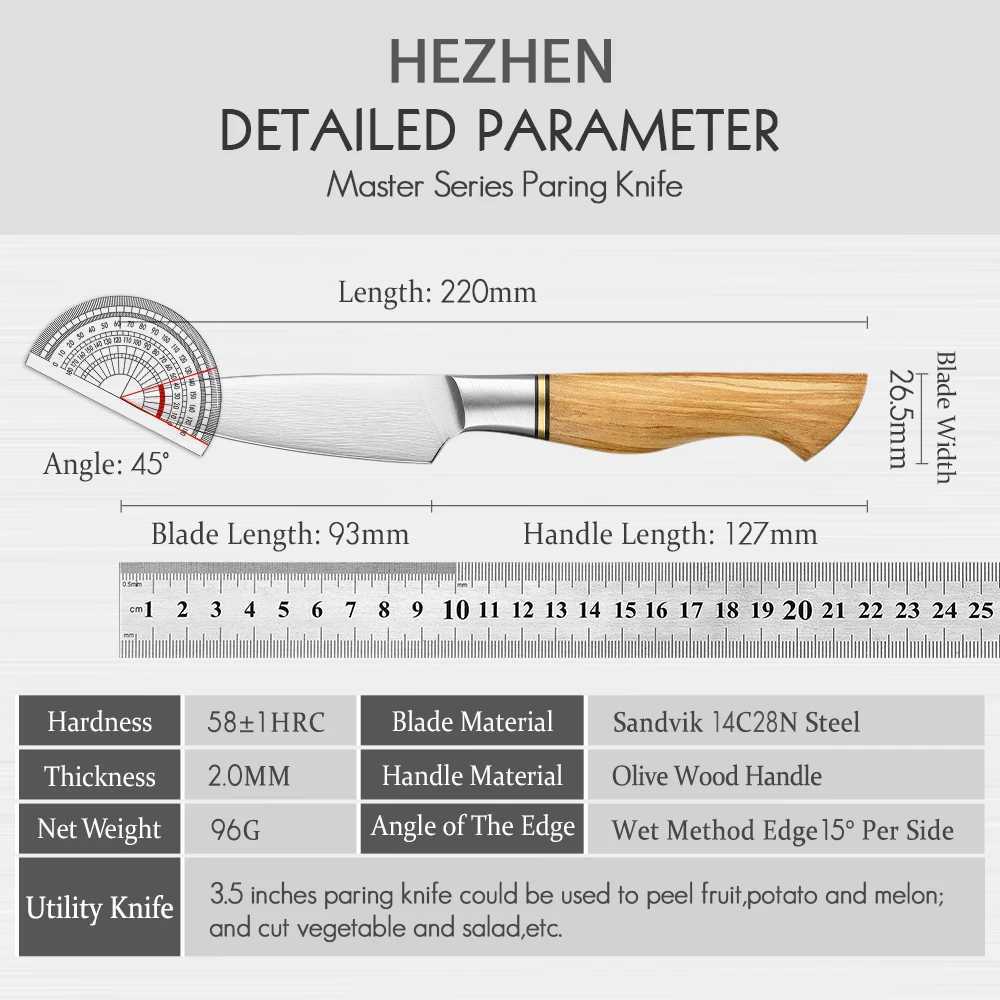 Henan Master Series 3.5-inch 14C28N steel flat blade kitchen knife with olive wood handle for peeling fruits and potatoes Y241227