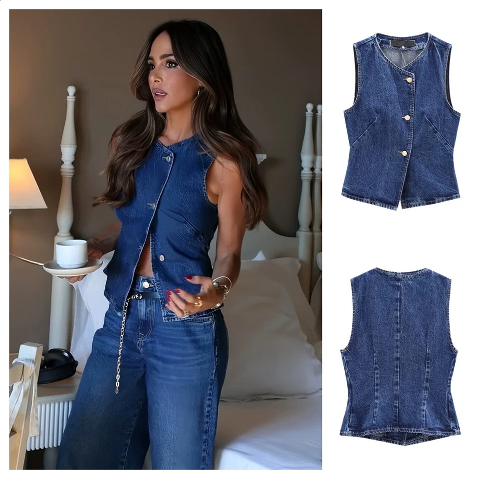 PB ZA2024 autumn womens clothing style slim fit and simple sleeveless round neck short denim vest top 241220
