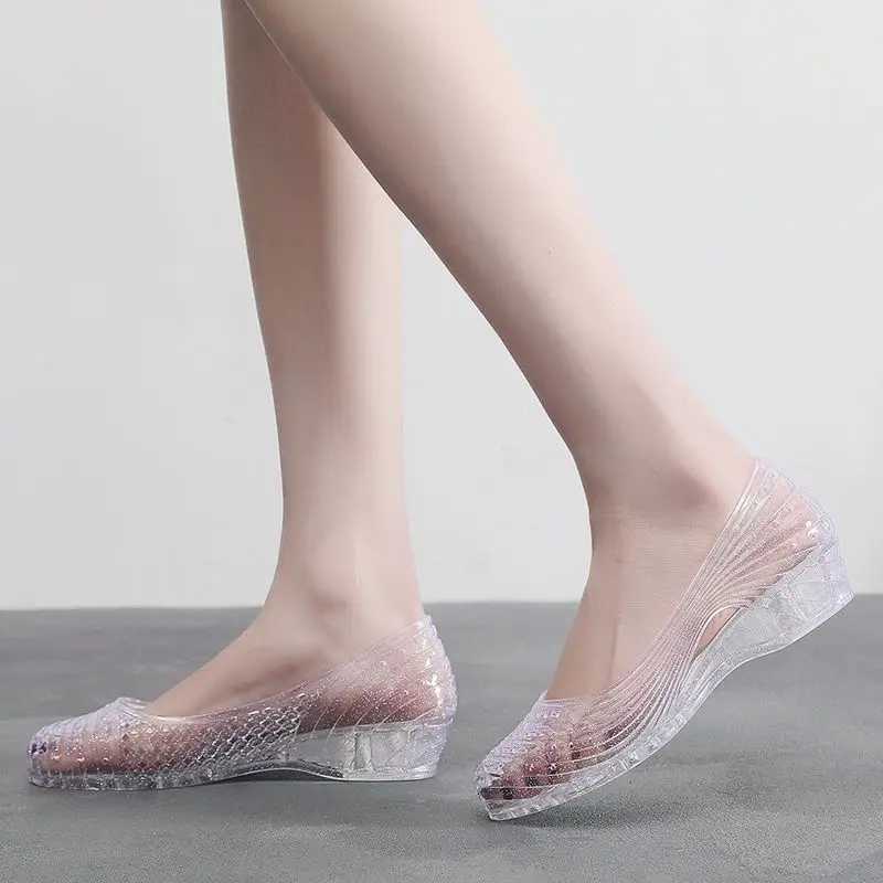 High Quality New Woman Shallow High Heel Crystal Shoes Womens Wedge Heel Sandals Jelly Breathable Slip-on mom Sandals T241227
