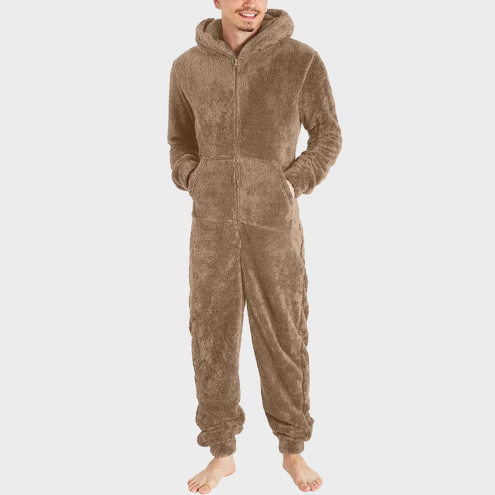 Winter Warm Teddy Fleece Pajamas for Men Plush Zipper Onesie Fluffy Hooded Sleepwear One Piece Sleep Lounge Pajama JumpsuitsXJ241227