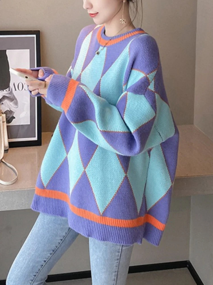 Autumn Winter Women Oversize Pullovers Casual Oneck Loose Sweater Knitted Pullover Streetwear Plaid for Coats 241223