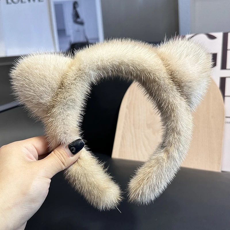 Cute Real Mink Fur Cat Ears Headband For Women 100%Fur Plush Hair Accessories Solid Head Wraps Girlfriend Gift Winter 241227