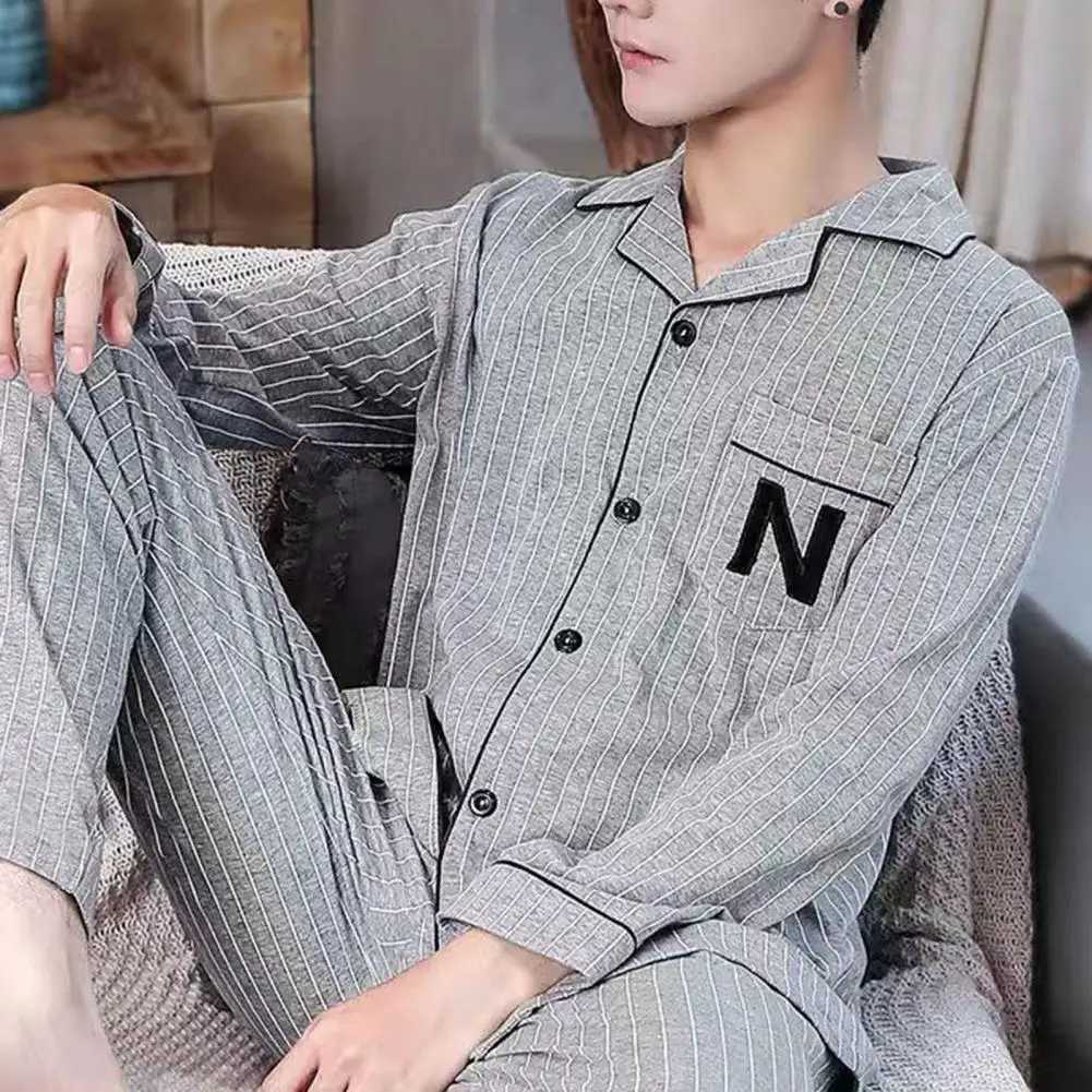 2 Pcs/Set Fall Winter Men Pajamas Set Striped Color Turn-down Collar Men Loungewear Single-breasted Elastic Waist Male HomewearXJ241227