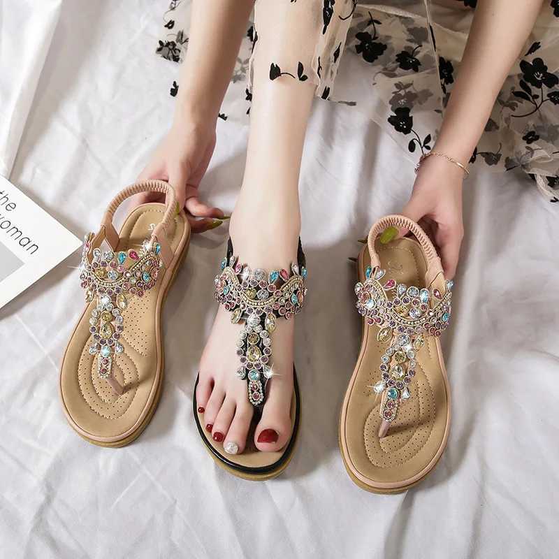 High Quality Plus Size 36-41 Shoes for Women Summer New Round Toe Flip Flops Fashion Rhinestone Ladies Sandals Roman Crystal Platform Elastic T241227