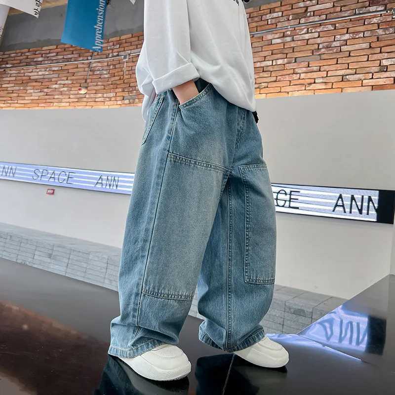 Boys Cargo Jeans New Teenage Children Wide Leg Denim Pants for Kids Loose Pockets Trousers Spring Autumn 4 6 8 10 12 14 16Yrs W241227
