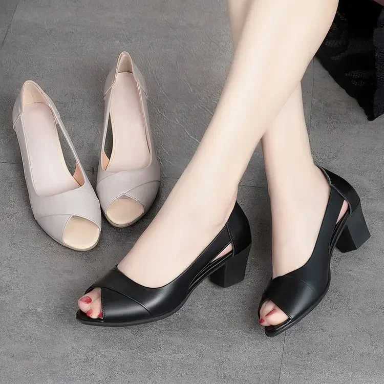 High Quality Leather Women Shoes Comfortable Ladies Mid Heel Sandals Hollow Peep Toe Square Heel Sandals Woman Footwear T241227