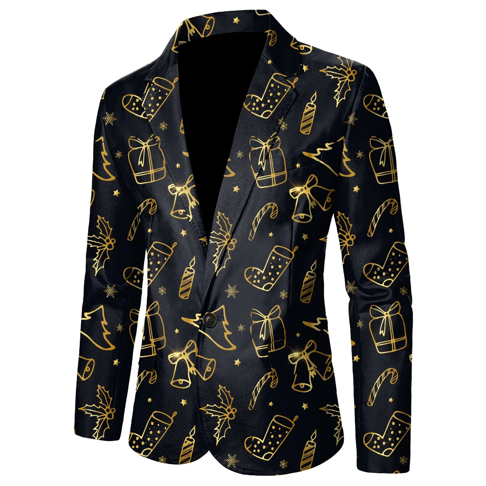 Christmas Gift Men Suit Coat Fashion Printed Pocket Lapel One Button Slim Fit Blazer Winter Party Jacket Plus Size 241227