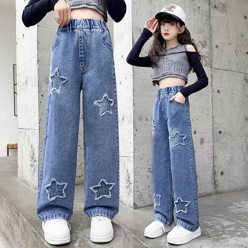 Girls Jeans 2024 Spring New Stickers Fabric Five Star Wide Leg Pants Childrens Trend Teen Trousers W241227