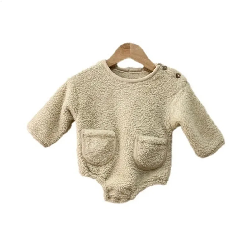 Autumn Winter Infant Toddler Girls Boys Double-sided Plush Pocket O-neck Shoulder Buckle Bodysuit Baby Warm Jumpsuit A9395 241226