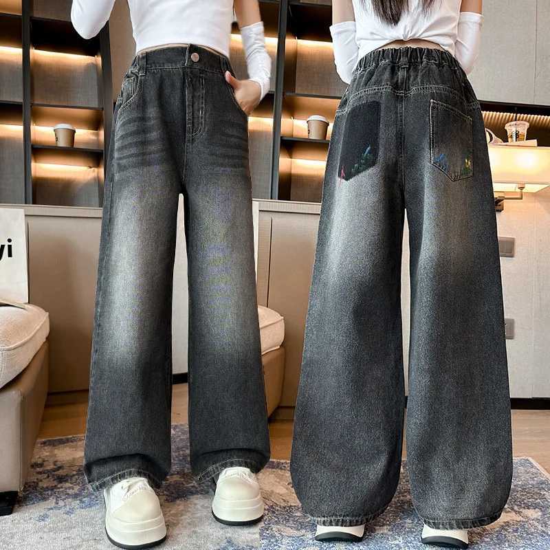 New Fashion Teenager Girls Denim Wide Leg Pants Children Trousers Spring Autumn Retro Design Girls Jeans 5-14 Years Kids Clothes W241227
