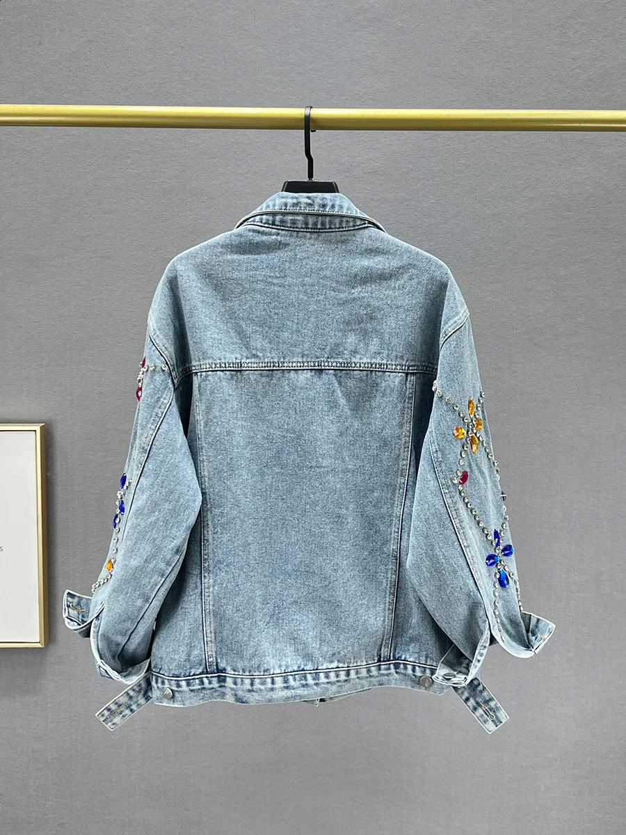 Exquisite Rhinestone Denim Jacket for Women Spring Autumn Loose Trenddy Long Sleeve Top Blue Single Breasted Coats 241223