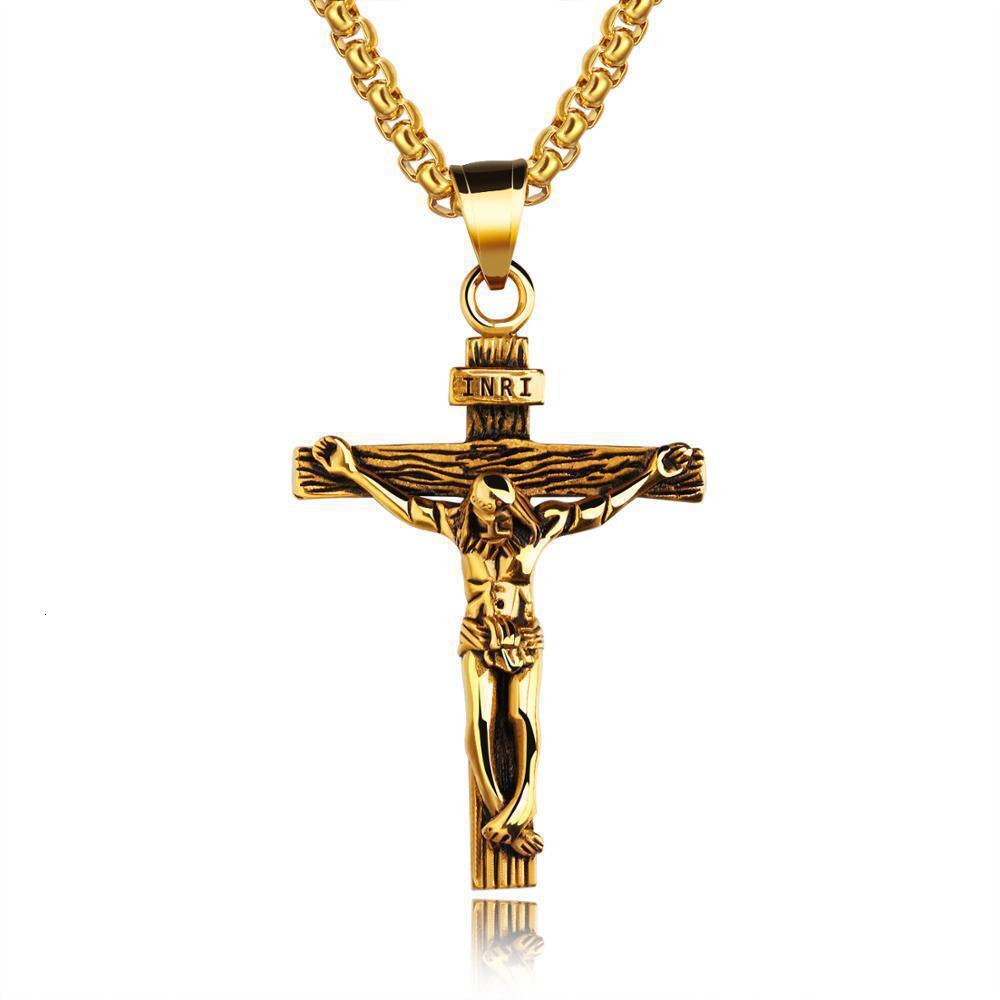 Rock Wolf Tide Classic Cross Pendant Necklace With Stainless Steel Neck Bling Gemstone Rapper Hip Hop Jewelry Collar Wholesale Bijoux