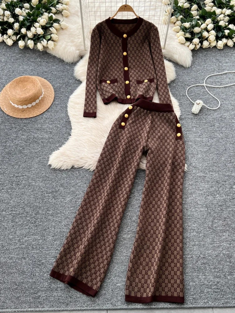 Autumn Winter Printed Knitted Two Piece Sets Women Round Neck Long Sleeve Sweater High Waisted Wide Leg Pants Vintage Tracksuits 241224