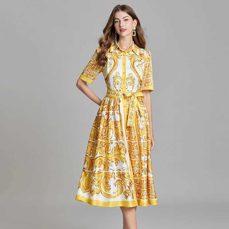 New Summer Fashion Yellow and White Porcelain Printed Shirt for Women Flip Collar Single Chest Lace Holiday Midi Clothing X241226