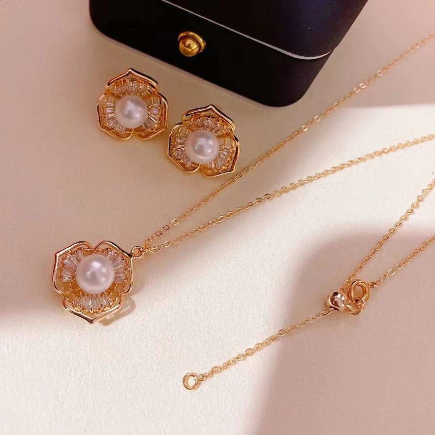 Plated Micro-inlaid Bauhinia Set 7-8MM Freshwater Pearl Necklace Earring Set Pearl Jewelry Set Classic Explosive 18k Gold Trendy 241226