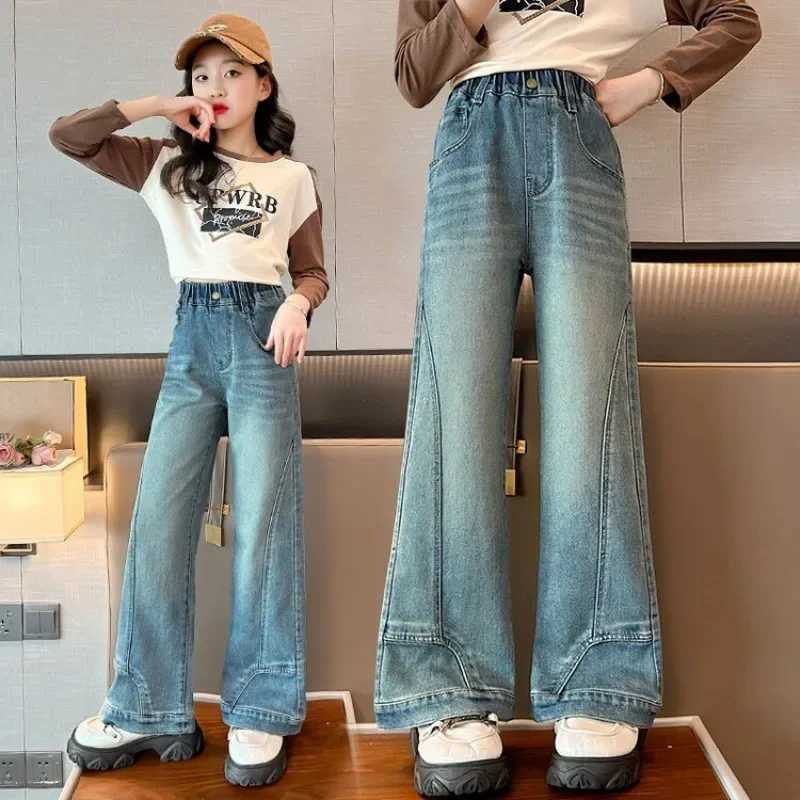 2024 Spring and Autumn Girls Straight Leg Wide-leg Jeans Kids Big Kids Girls Junior High School 12 Years Old Blue Pants W241227