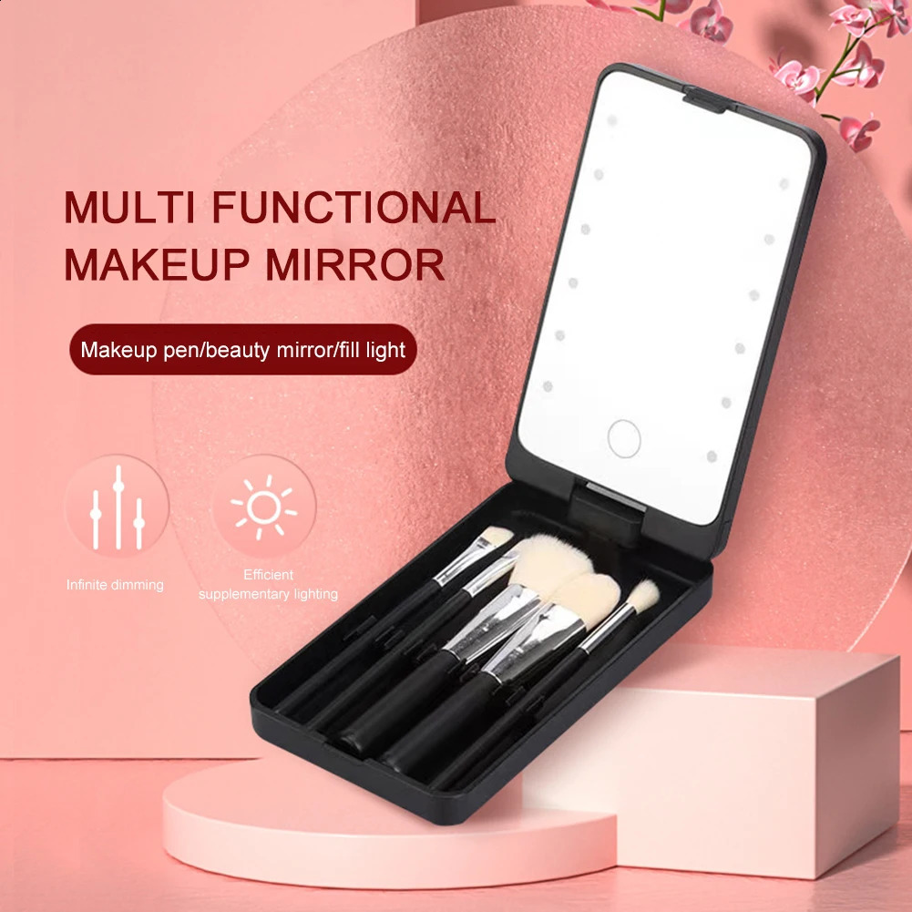 Portable Makeup Mirror With 5 Brushes Storage Box Rotatable LED Touch One-Face Storage Box Foldable Compact Makeup Mirror 241223