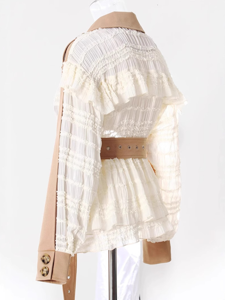 Turn Down Collar Long Sleeve Double Breasted Contrast Color With Belt Blazer For Women 2025 Spring Fashion New Zm622