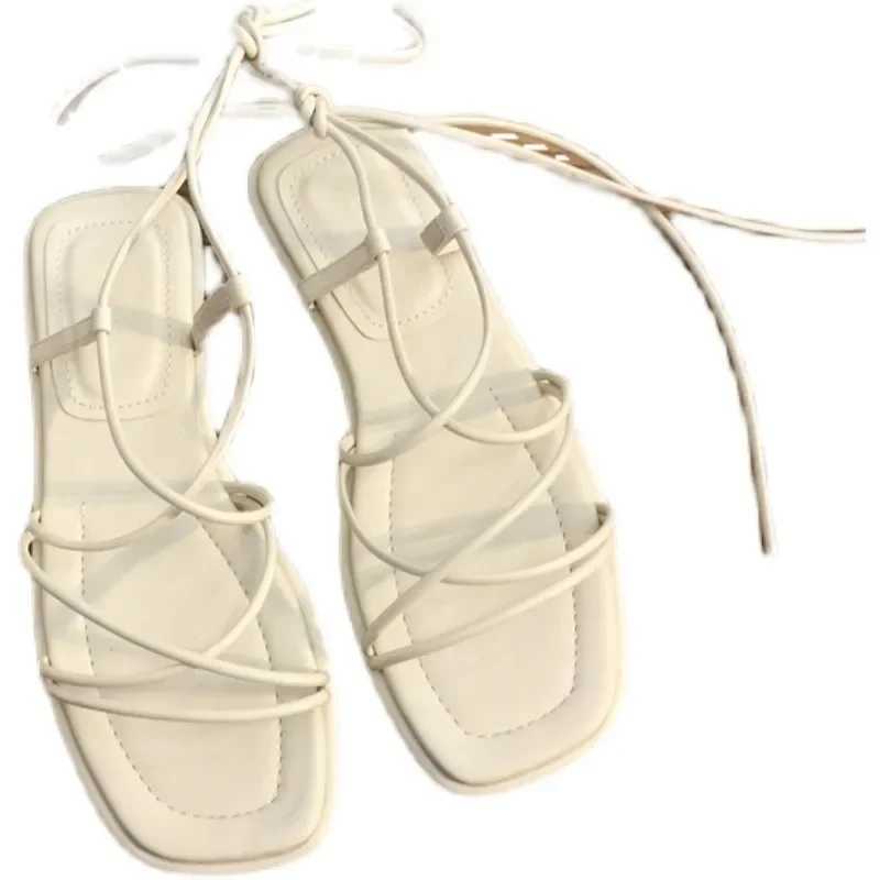 High Quality Summer Shoes Women Sandals Narrow Band Vintage Square Toe Flat Cross Strap Thong Sandals V Shape Design Shoes Women T241227