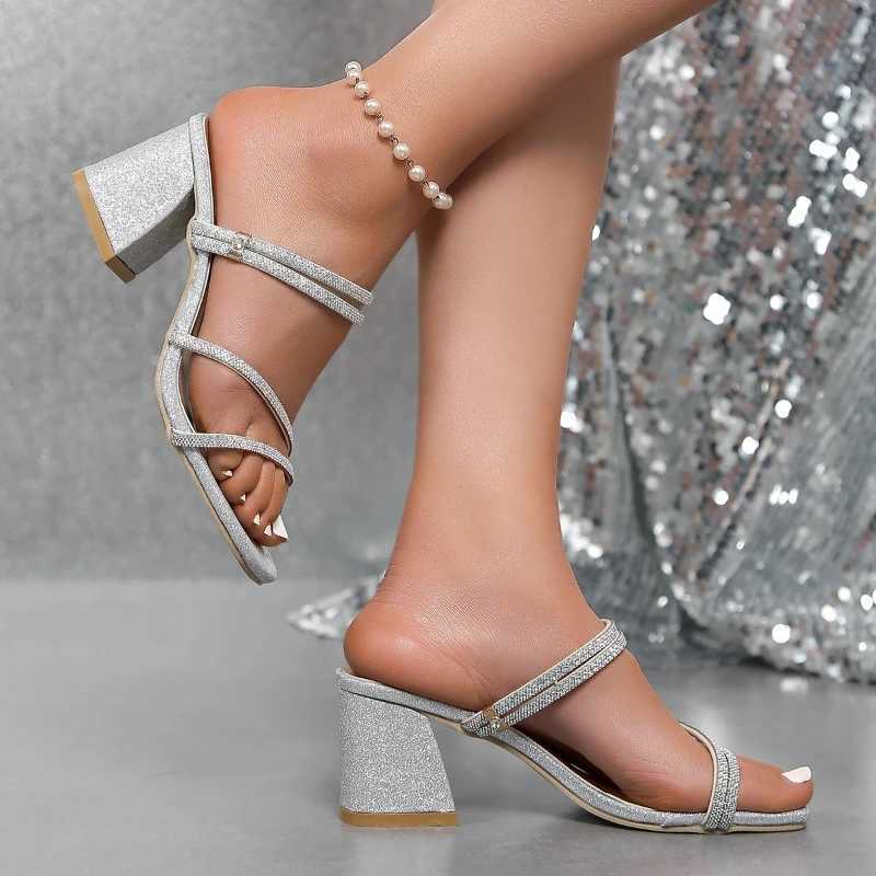 High Quality Women Sandals Woman Summer Silver Chunky Heels Sandals Womens Open Toe Beach Hifh Heel Ladies Sandals Footwear T241227