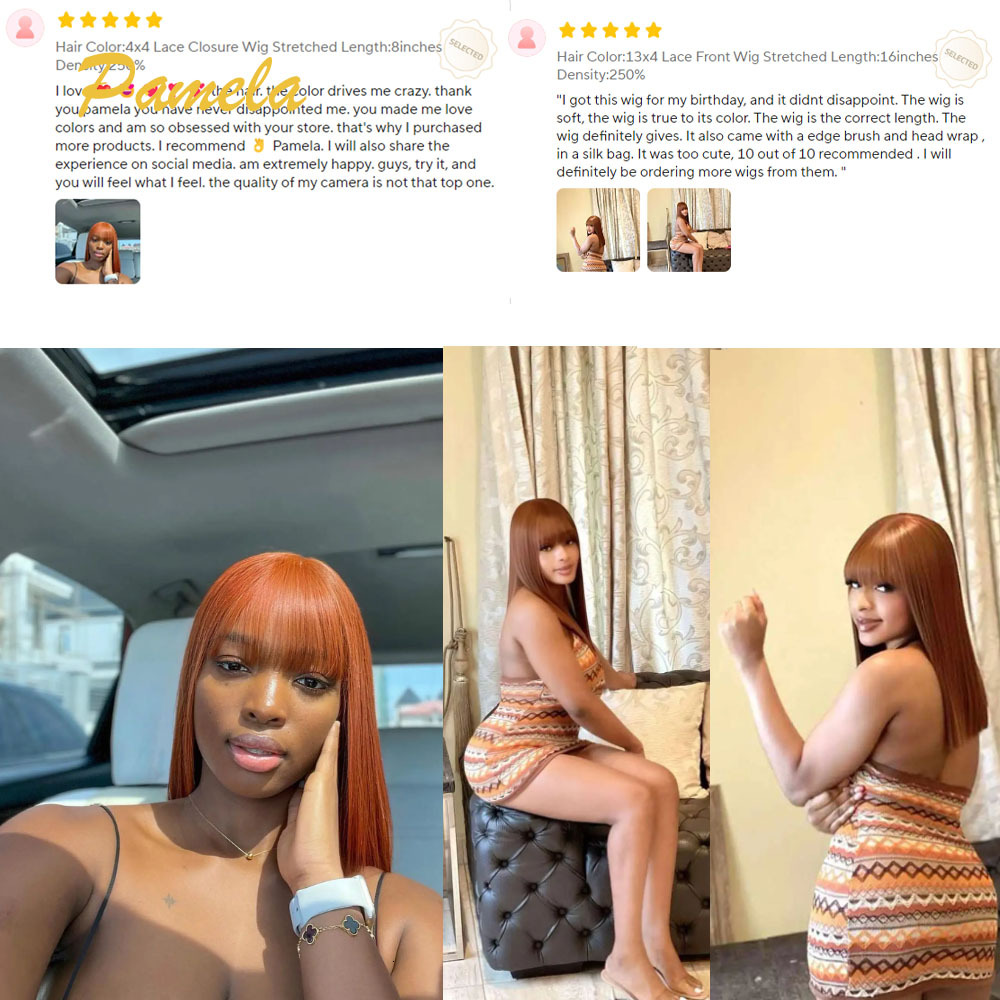 Wear And Go Glueless 250% Density Ginger Orange Bone Straight 13X4 Transparent Lace Front Human Hair Wig With Bang For Women