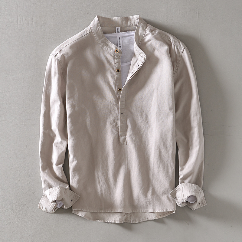M12263 Men's cotton and linen tops casual shirt Korean style slim fit solid color stand collar
