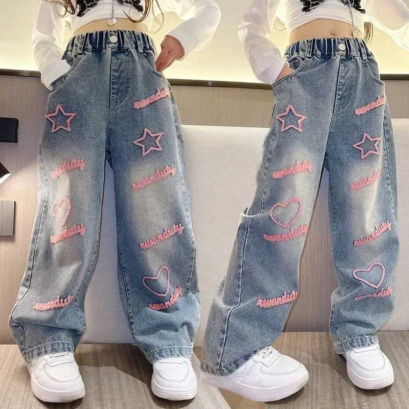 New Spring Teenage Girls Jeans Stars Love Towel Embroidered Wide Leg Long Pants Baggy Denim Trousers for 4-13 Years Kids Girl W241227