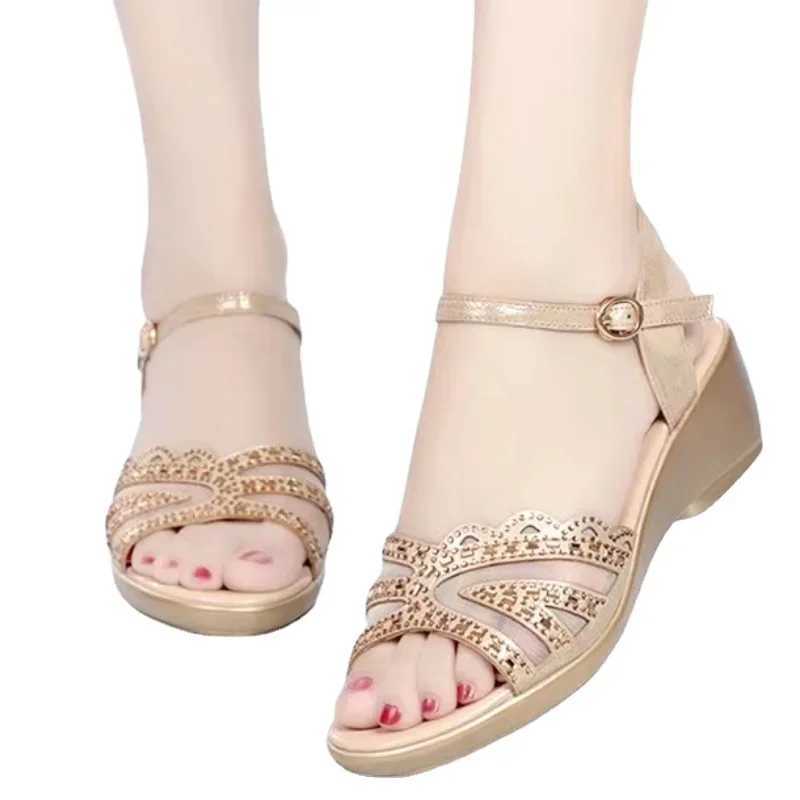 High Quality Shoes for Women Hot Sale Summer Womens Sandals Net Yarn Sequins One Word Mid Heel Open Toe Zapatillas De Mujer T241227